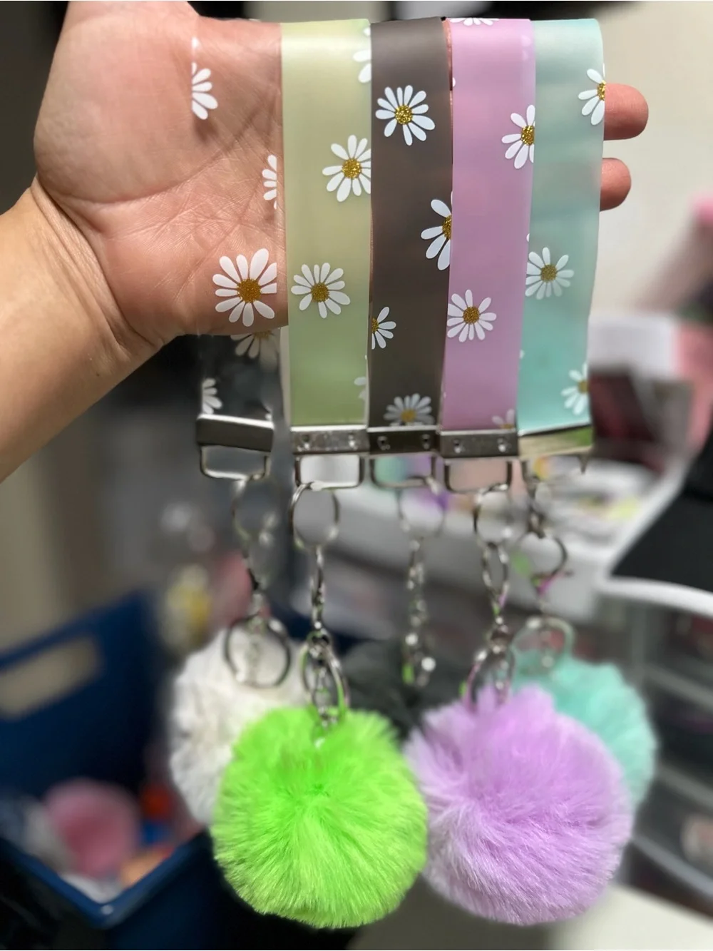 Daisy Print Pom Pom Keychain Wristlet - Pastel Assorted B23